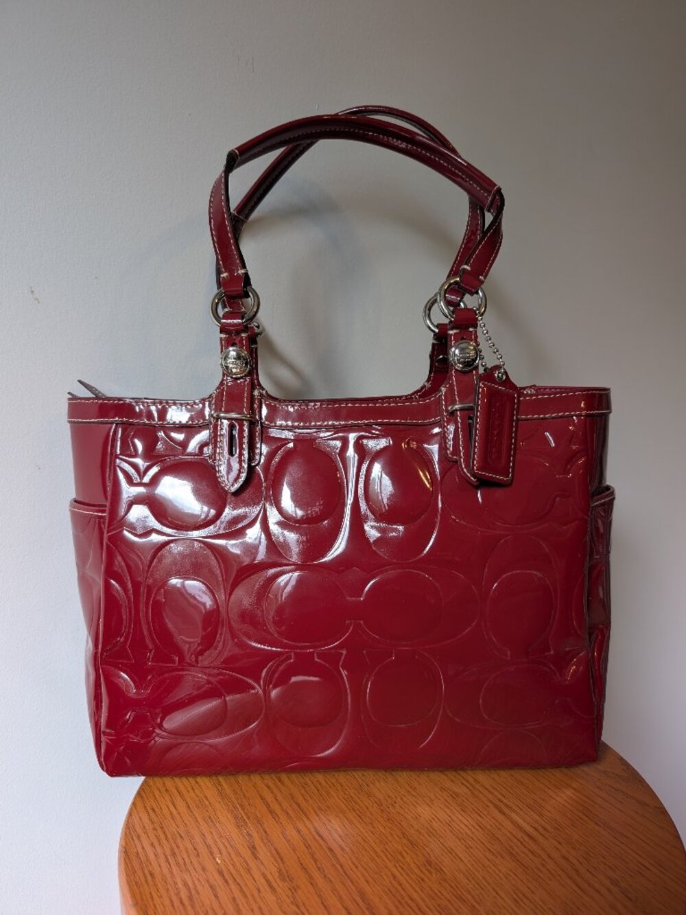 Coach F15246 Signature Embossed Patent Leather Red Satchel